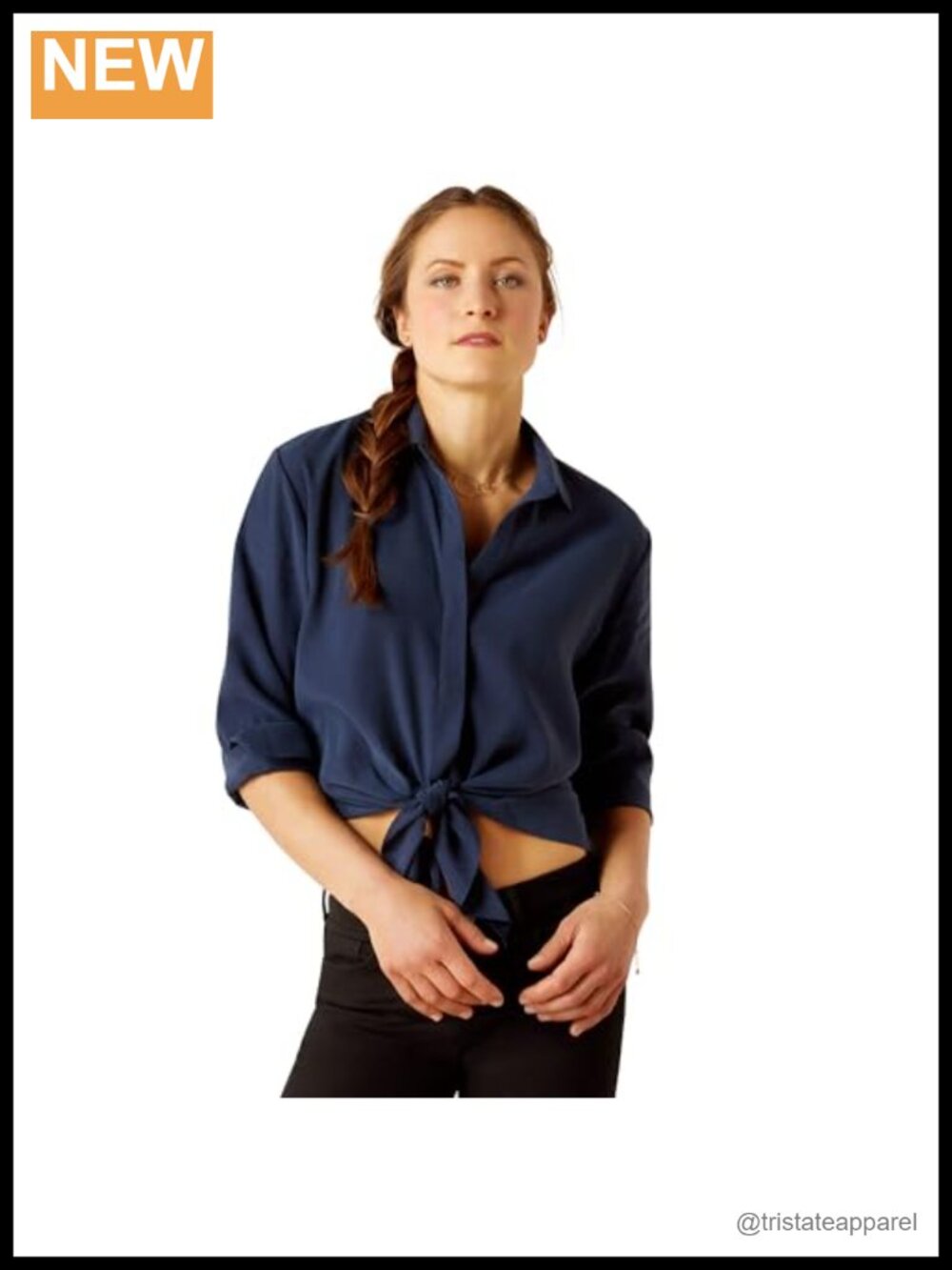 Women's Larkspur Button Down Blouse, Navy, Long Sleeve, Tie Front, Collared